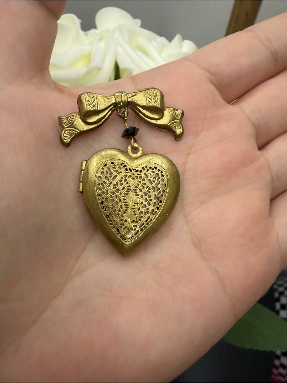 Vintage Gold Heart Locket Brooch with Bow Accent